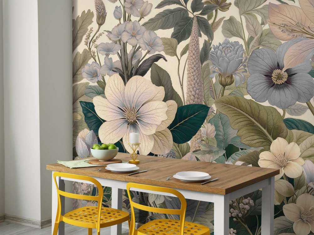 Fleurs botaniques dans des tons bleu doux