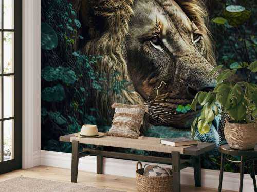 Tapisserie Murale Vintage Lion à Franges - Bleu Royal - Roi De La Jungle - Années 60