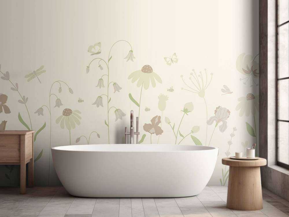 Champ de fleurs en hauteur avec papillons, sable, vieux rose