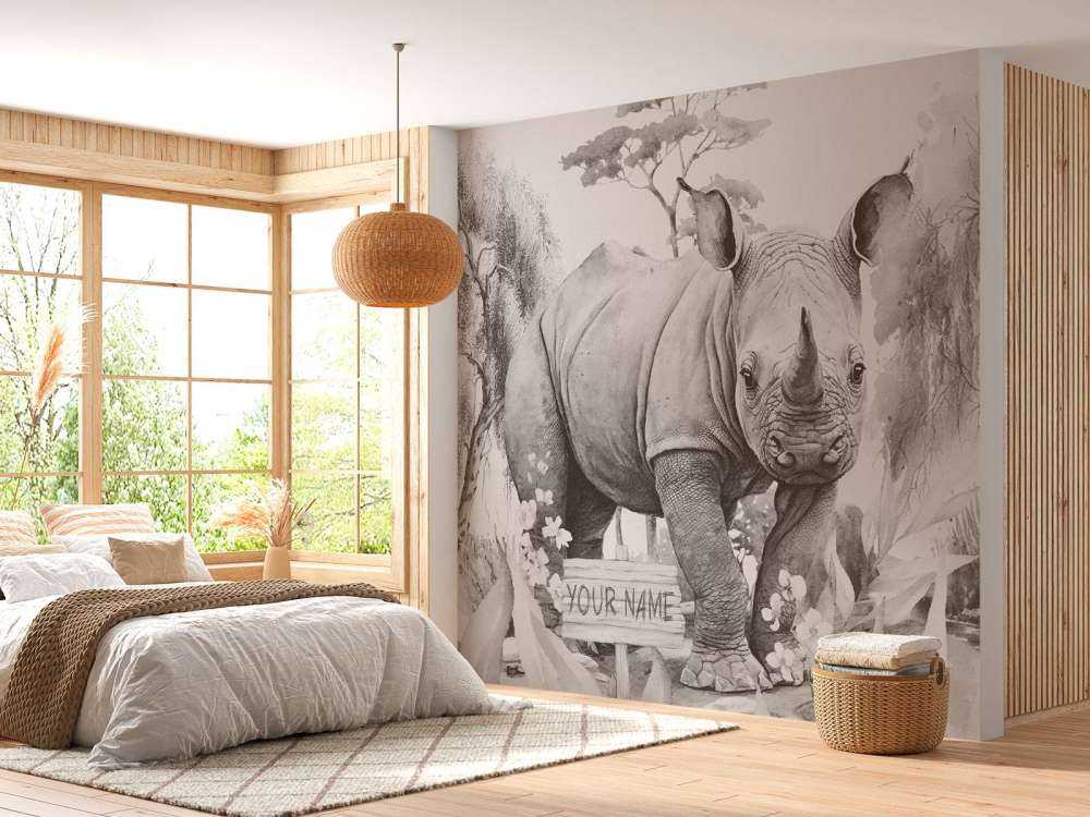 Bébé rhinocéros dans la savane beige