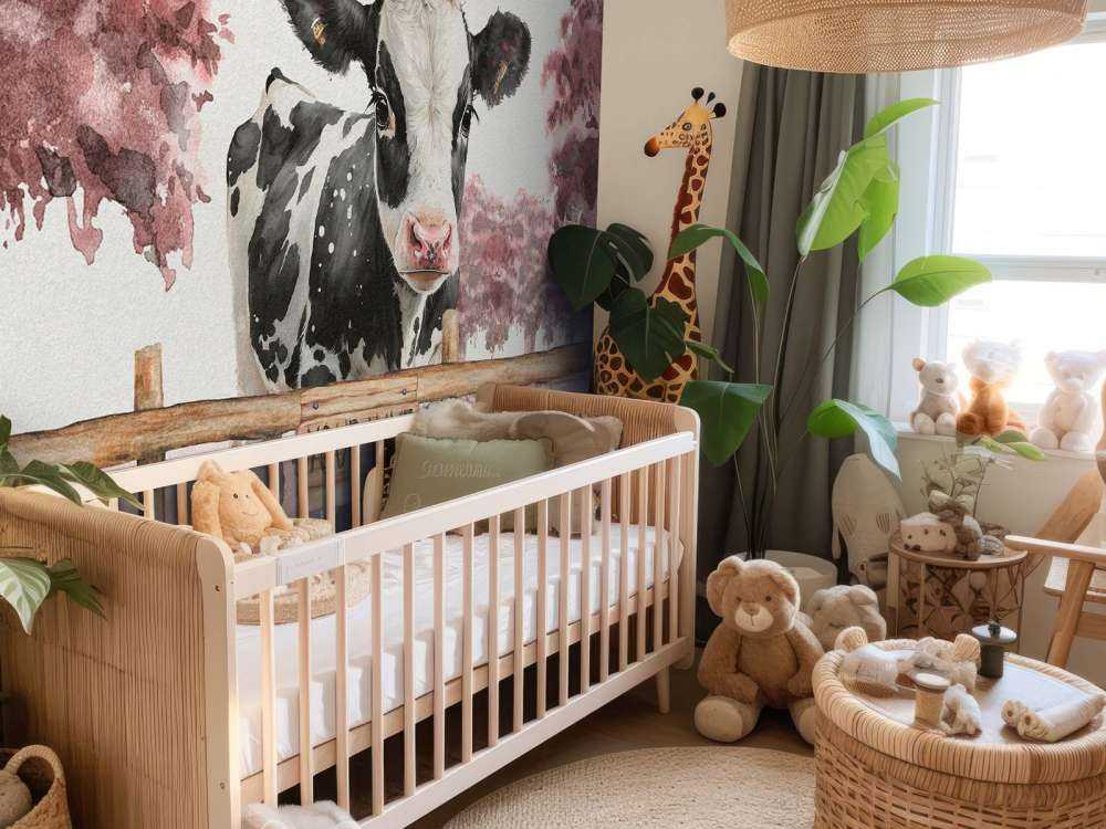 Jeune vache dans un pré rose