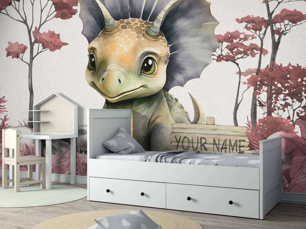 Bébé tricératops dans la jungle rose