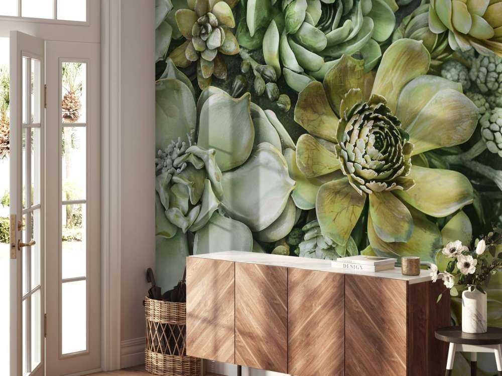 Green botanical succulents vertical garden