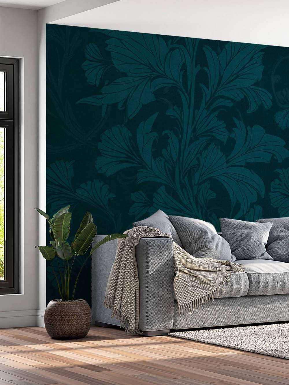 motif damassé ornemental monochrome de style William Morris vert émeraude et sarcelle