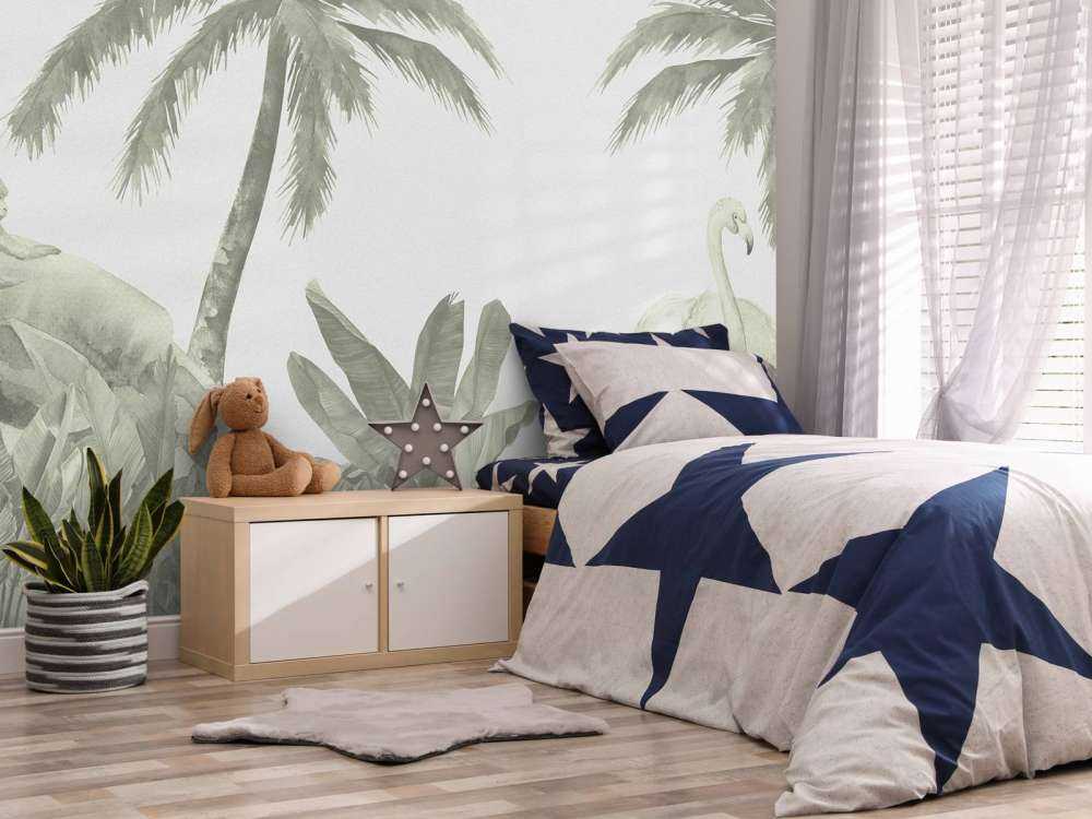 Singes et flamants roses en vert d'eau