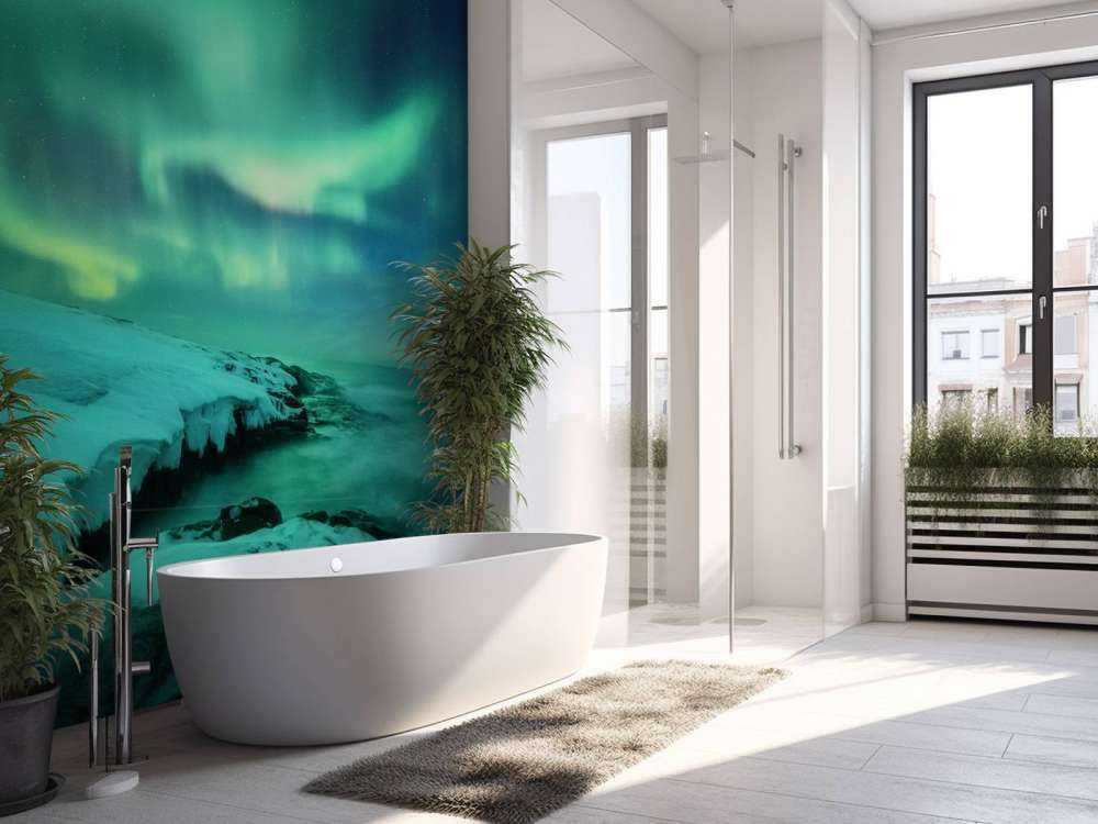 Des aurores boréales vertes au-dessus des rochers enneigés