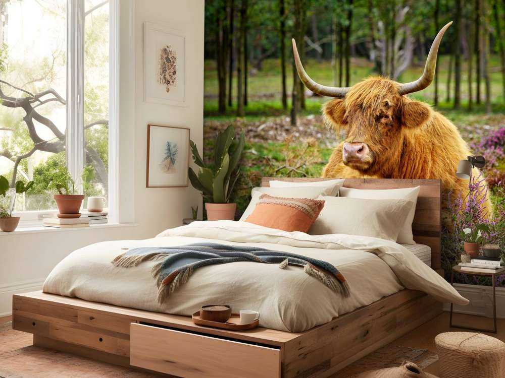 Highland écossais dans la bruyère violette