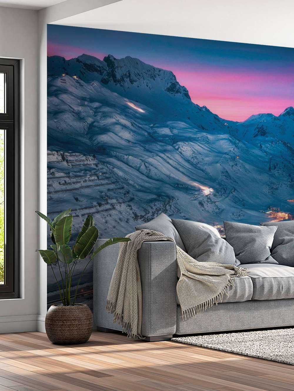 Village enneigé sous un ciel du soir violet