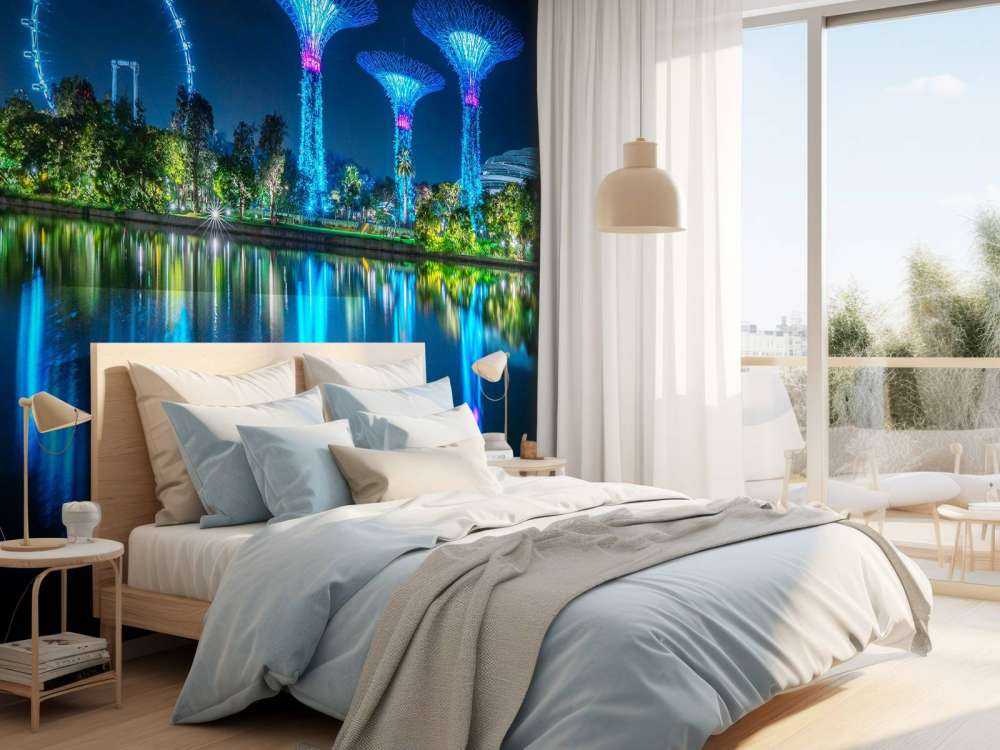 Arbres lumineux futuristes au bord de l'eau.