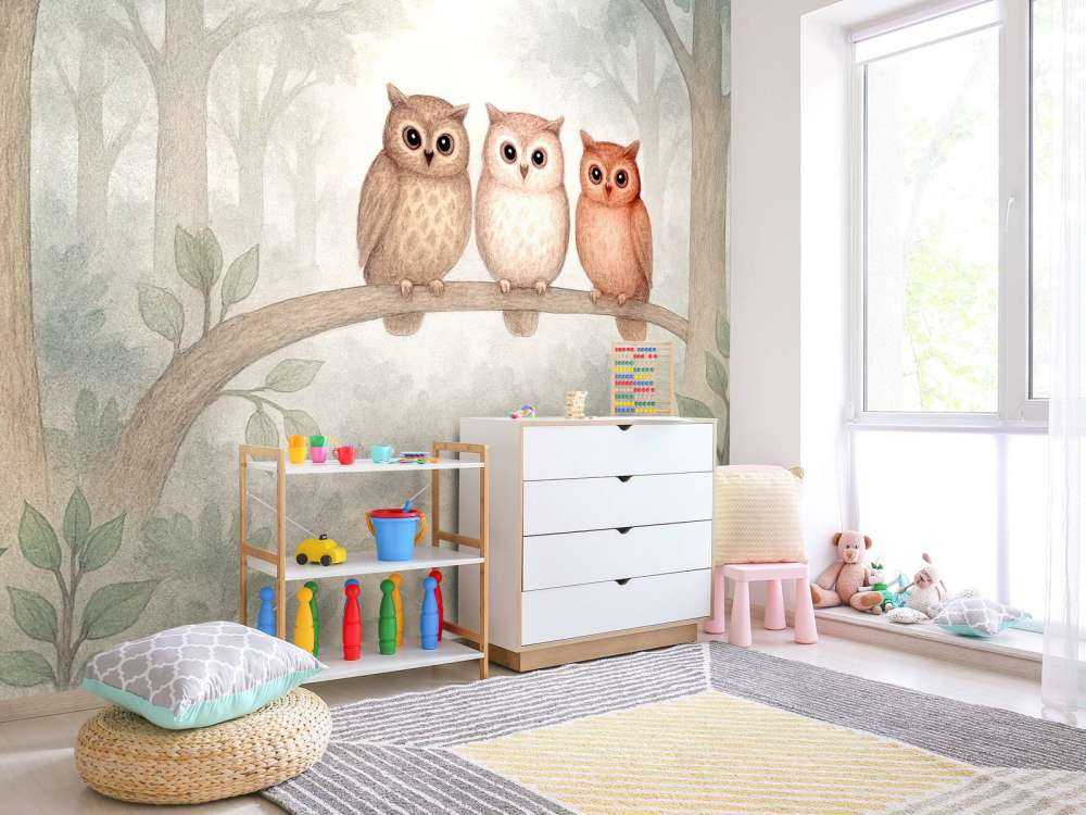 Trois petits hiboux dans la forêt.