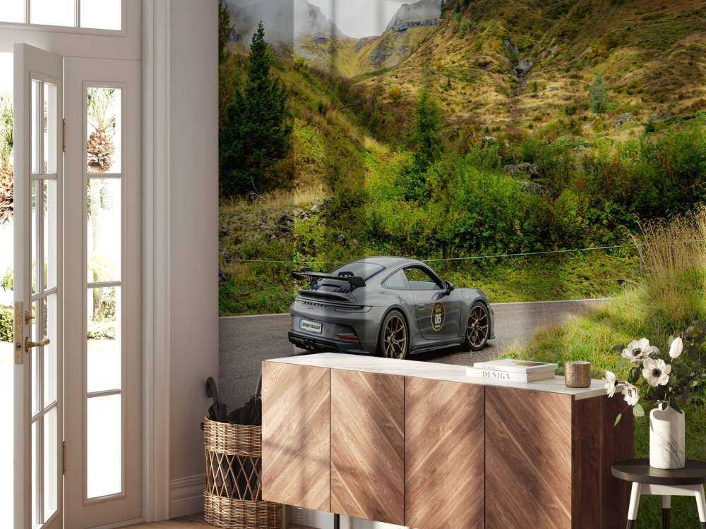 Voiture de sport dans le brouillard de montagne