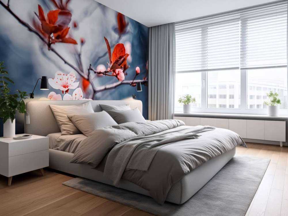 Fleur de cerisier avec des feuilles brun-rouge.