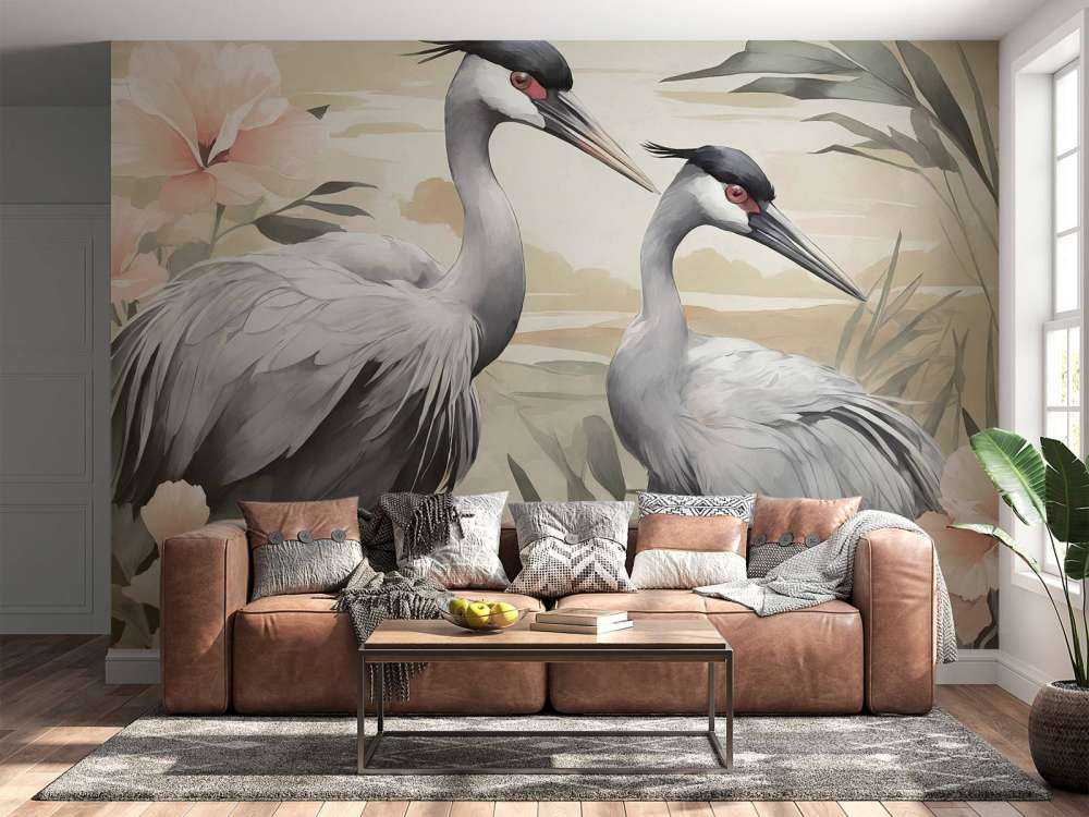 Grues élégantes avec des fleurs d'hibiscus
