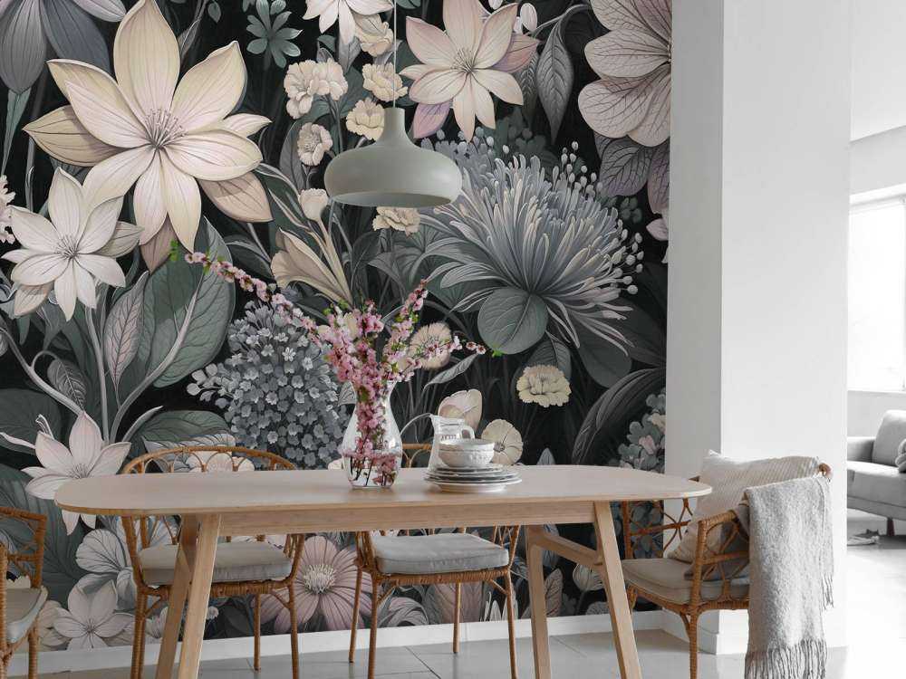 Prairie fleurie sombre aux tons pastel