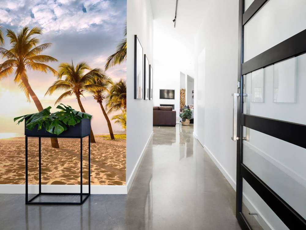 Palmiers à noix de coco contre le coucher du soleil