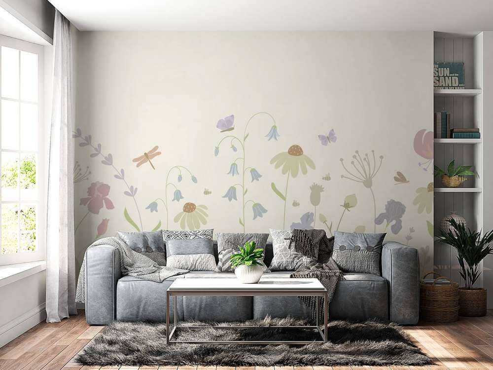 Champ de fleurs en hauteur avec papillons beige, vieux rose, vert et lilas