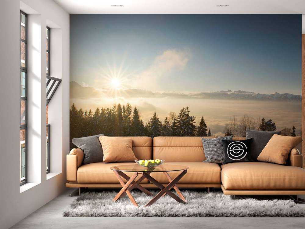 Lever de soleil au-dessus d'une forêt de sapins enneigée.