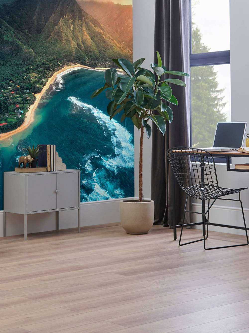 Littoral tropical sous un ciel menaçant.