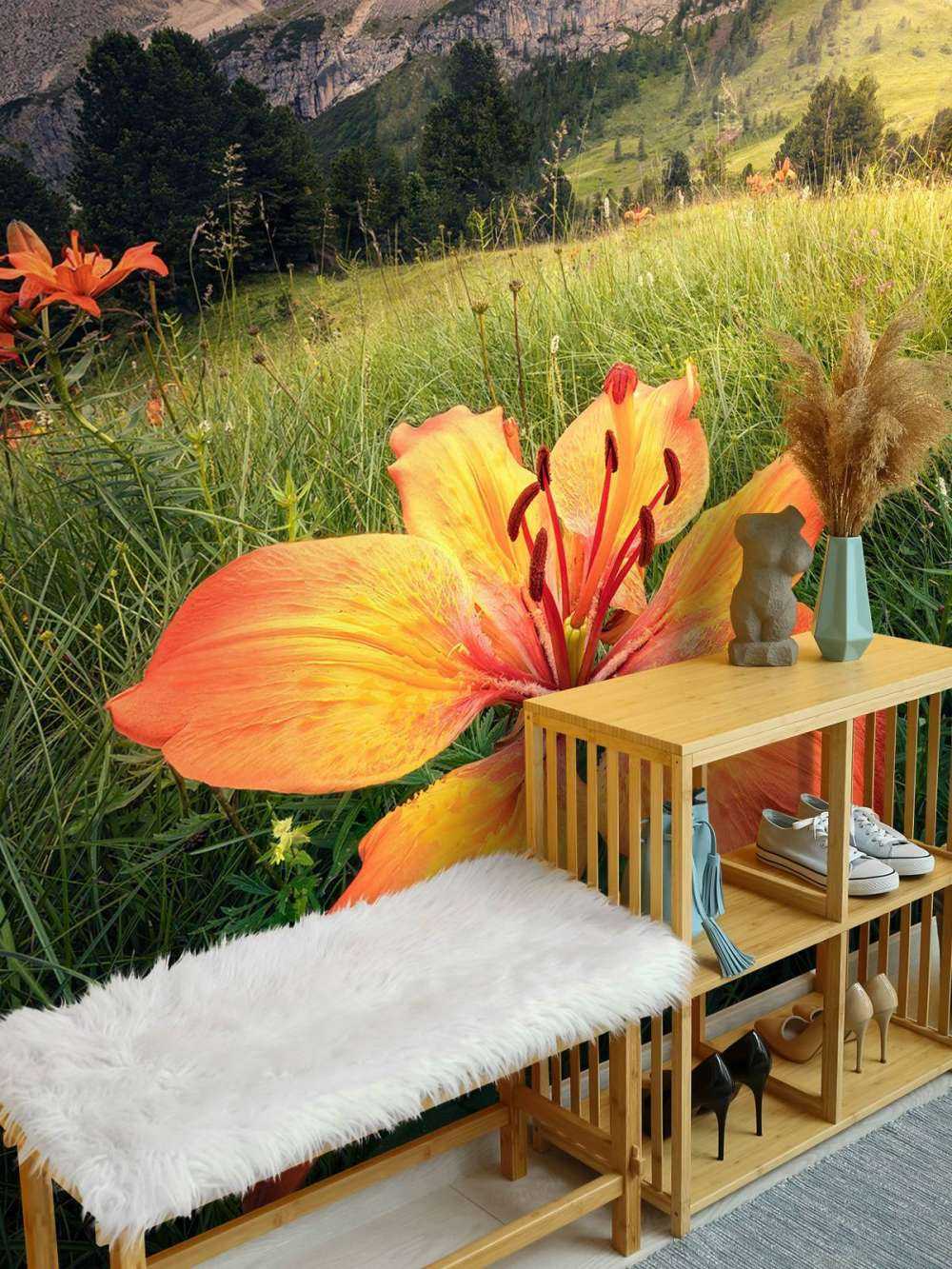 Paysage alpin ardent avec des lys