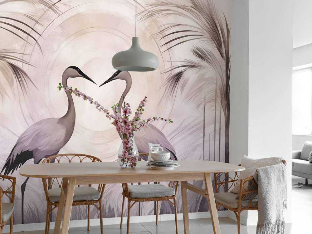 Grues au crépuscule gris