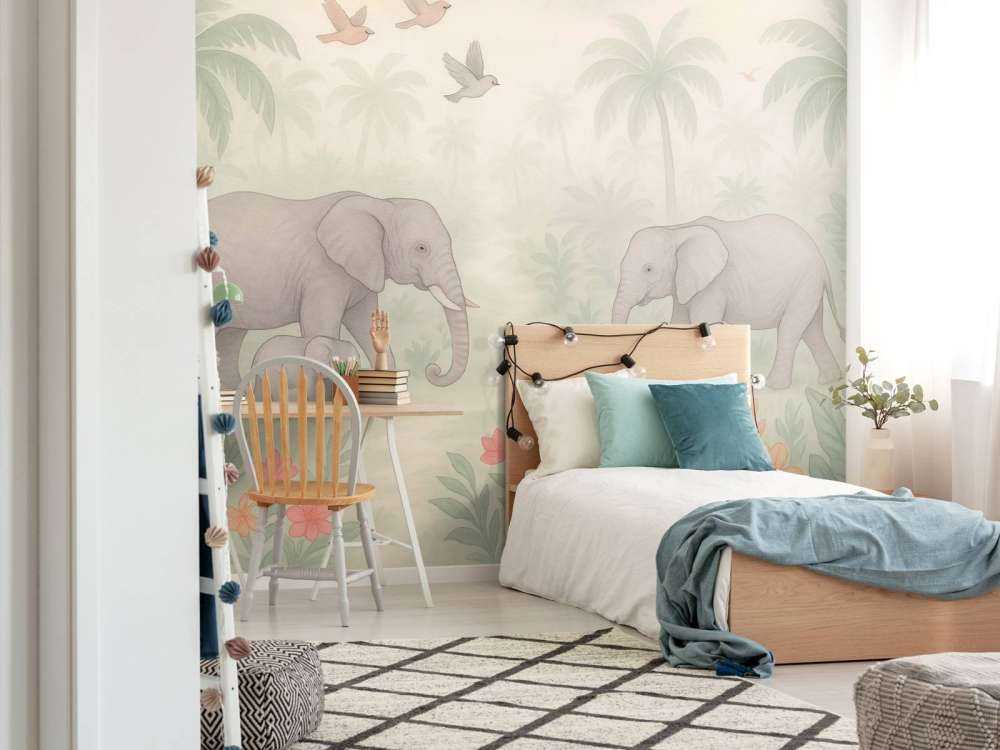 Promenade d'éléphants parmi les fleurs tropicales