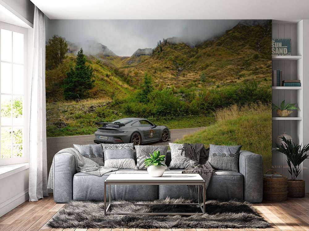 Voiture de sport dans le brouillard de montagne