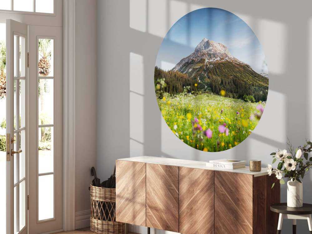 Sommet de la montagne au-dessus de la prairie de fleurs