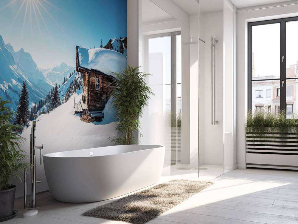 Soleil d'hiver au-dessus de la cabane en bois.