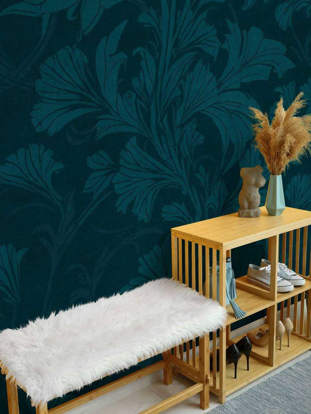 motif damassé ornemental monochrome de style William Morris vert émeraude et sarcelle