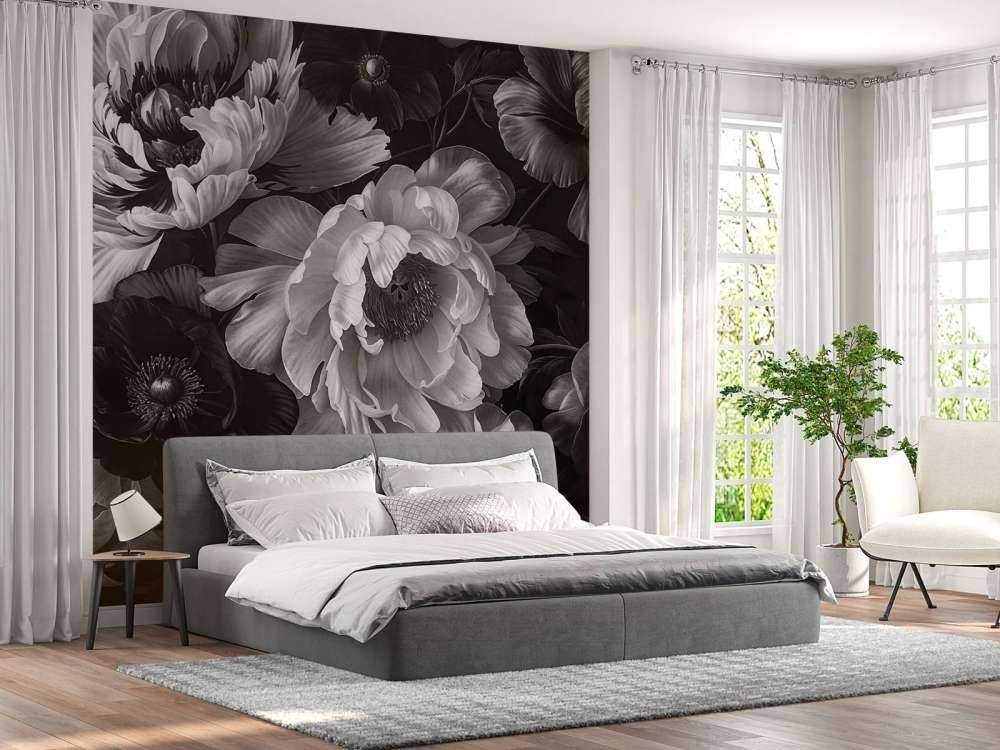 Jardin de fleurs baroque maximaliste en niveaux de gris
