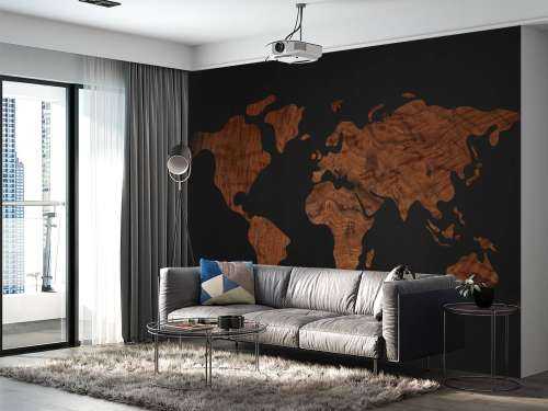 Carte du monde avec placage en bois