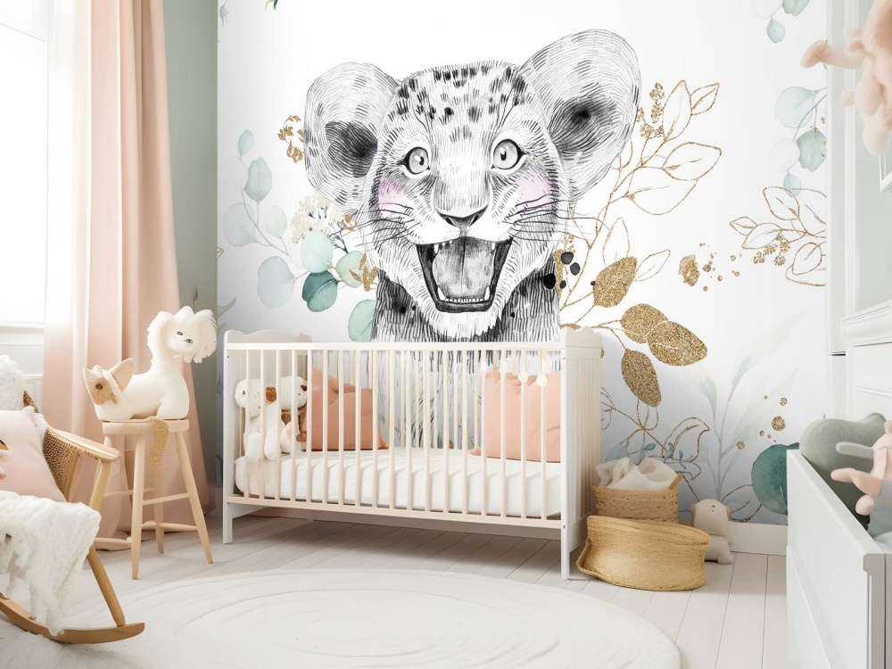 Bébé lion et feuillage menthe