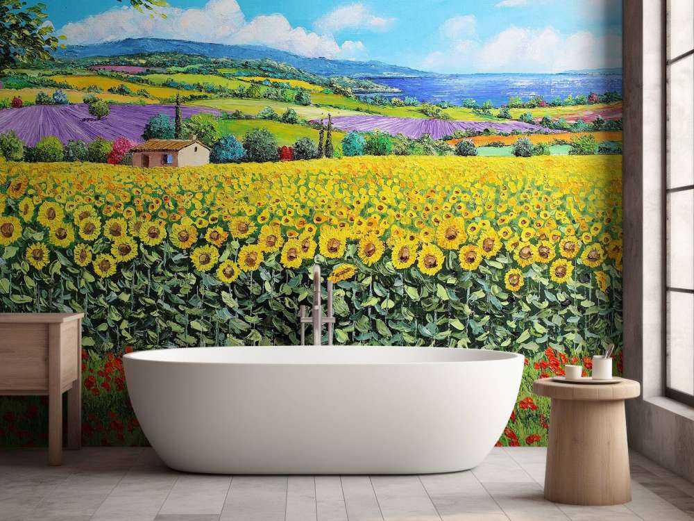 sunflowers, lavender, and sea