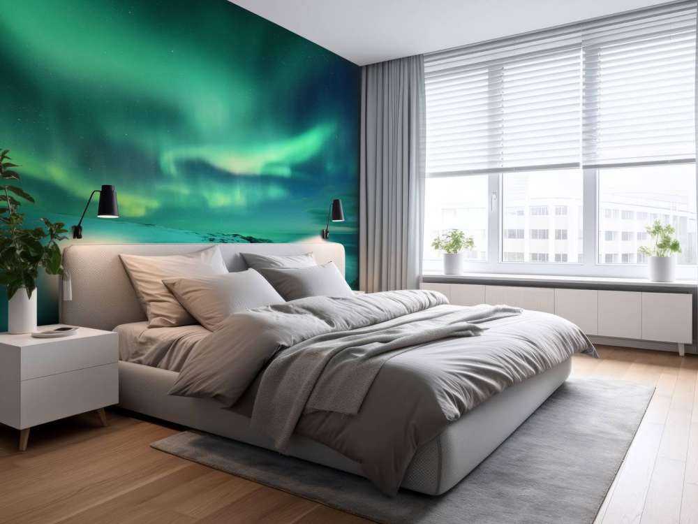 Des aurores boréales vertes au-dessus des rochers enneigés