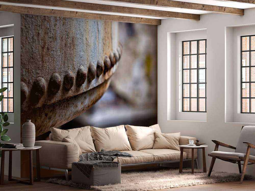 Détail d'une chaudière à vapeur rouillée