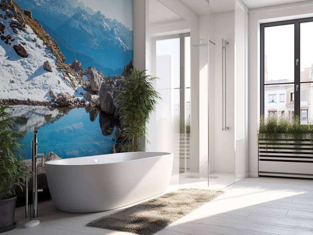 Lac de montagne entre les sommets enneigés.