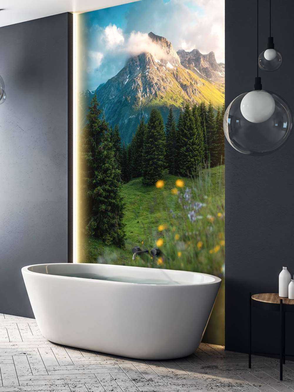 Prairie de montagne dans la brume du matin.