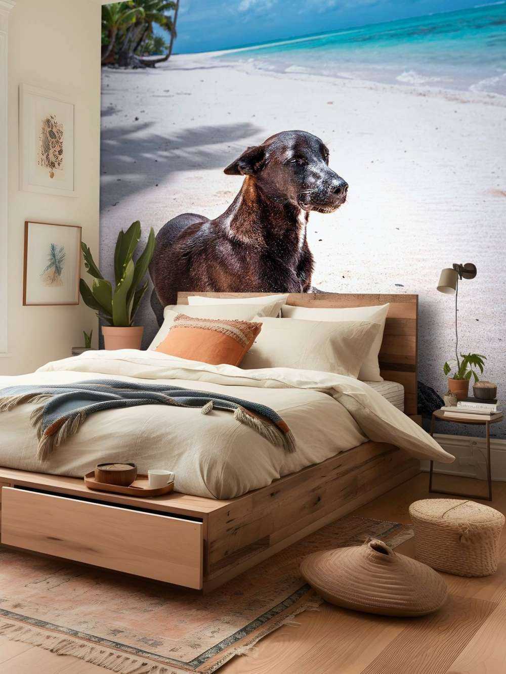 Chien noir sur une plage tropicale.