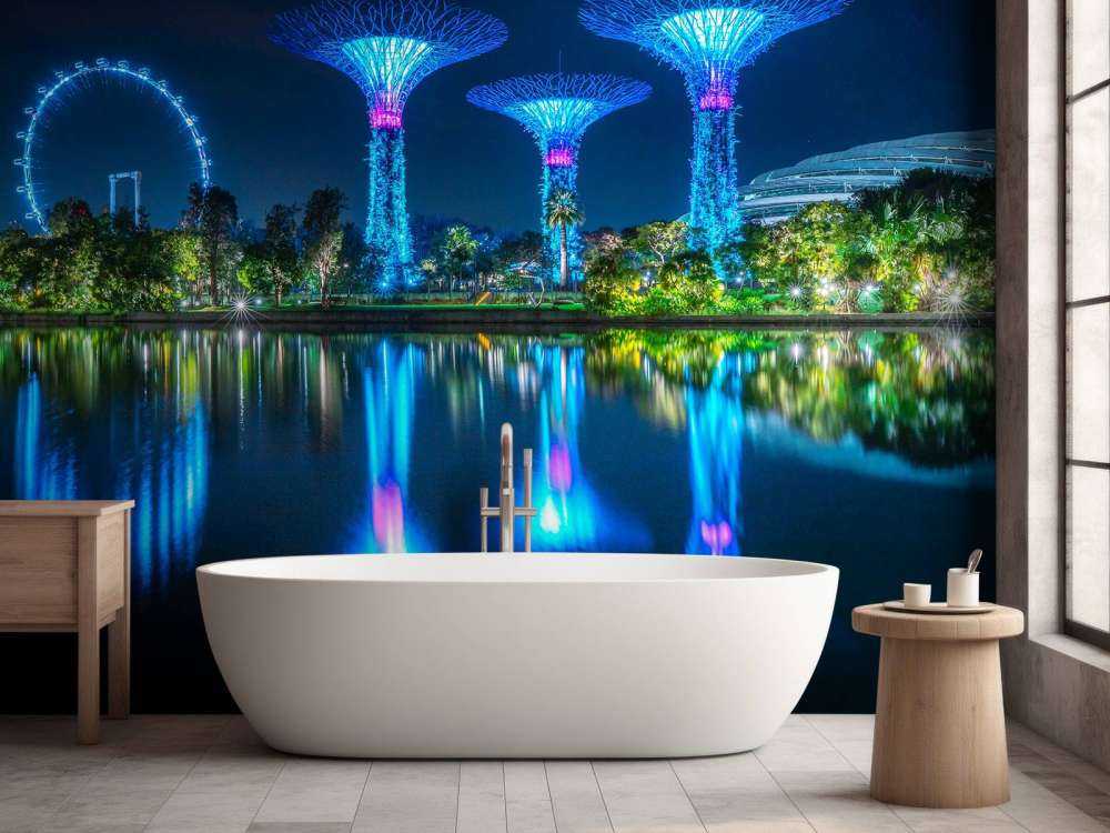 Arbres lumineux futuristes au bord de l'eau.