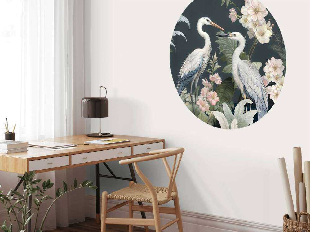 Hérons blancs entre des fleurs douces