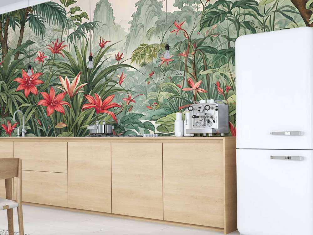 Forêt tropicale de lys dans la brume du matin