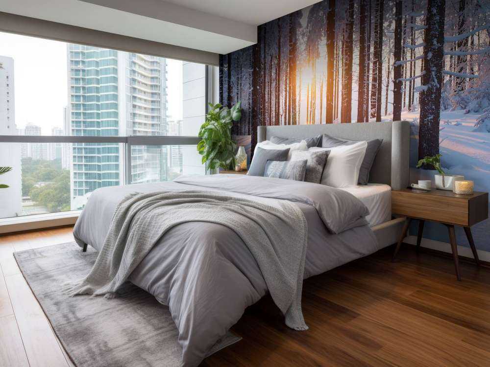 Coucher de soleil dans une forêt d'hiver