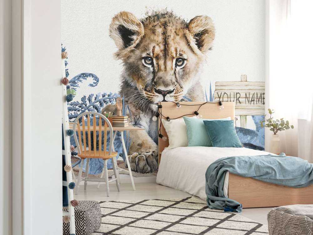 Bébé lion dans la jungle bleu