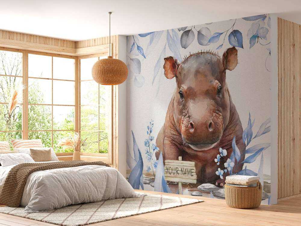 Bébé hippopotame dans les feuilles bleu