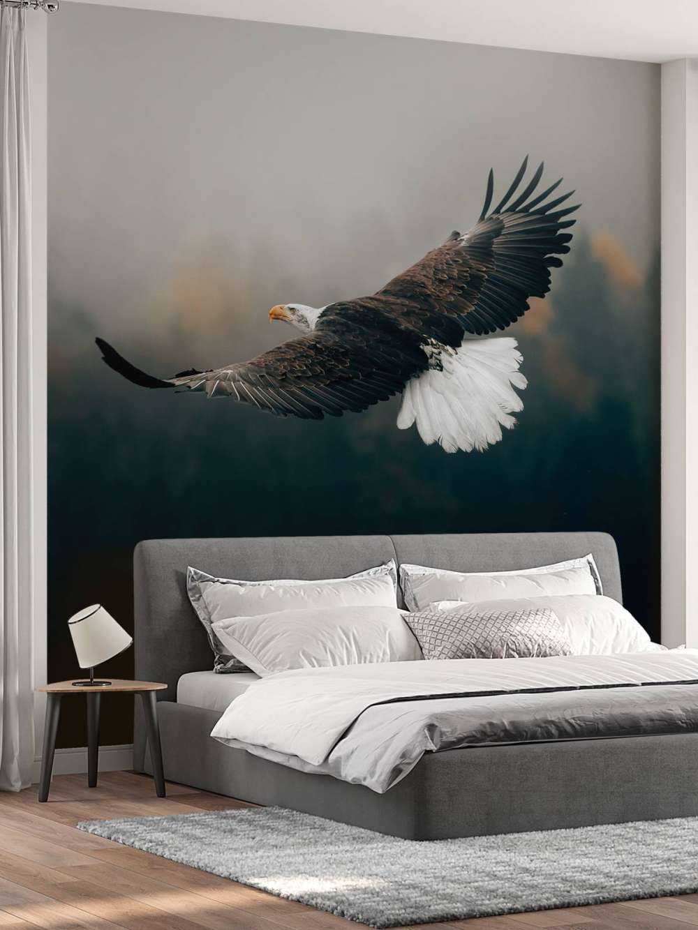 Pygargue à tête blanche au-dessus de la forêt