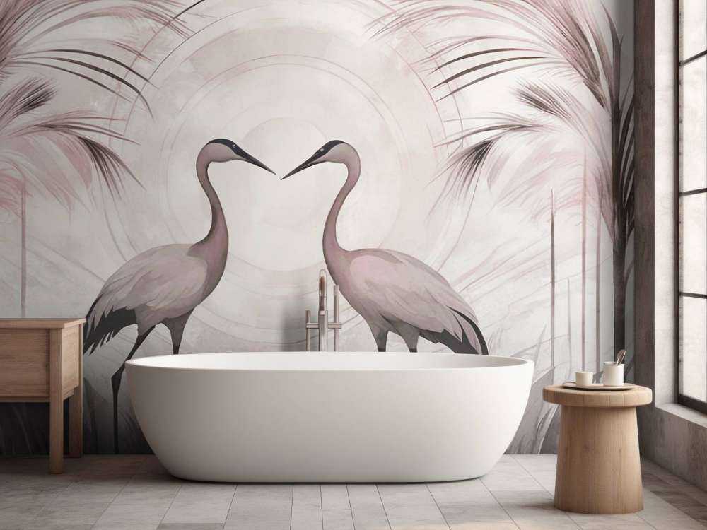 Grues au coucher du soleil rose