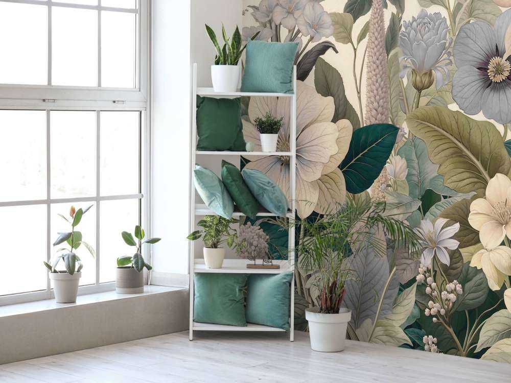 Fleurs botaniques dans des tons bleu doux