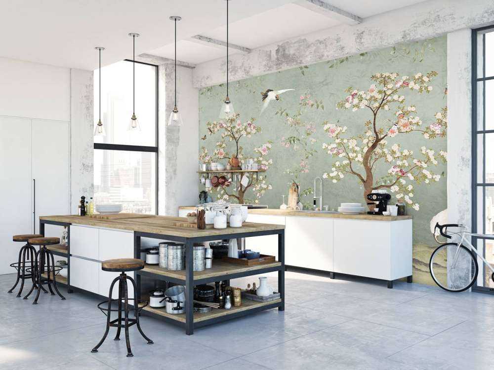 Arbres en fleurs avec des grues sur fond vert jade