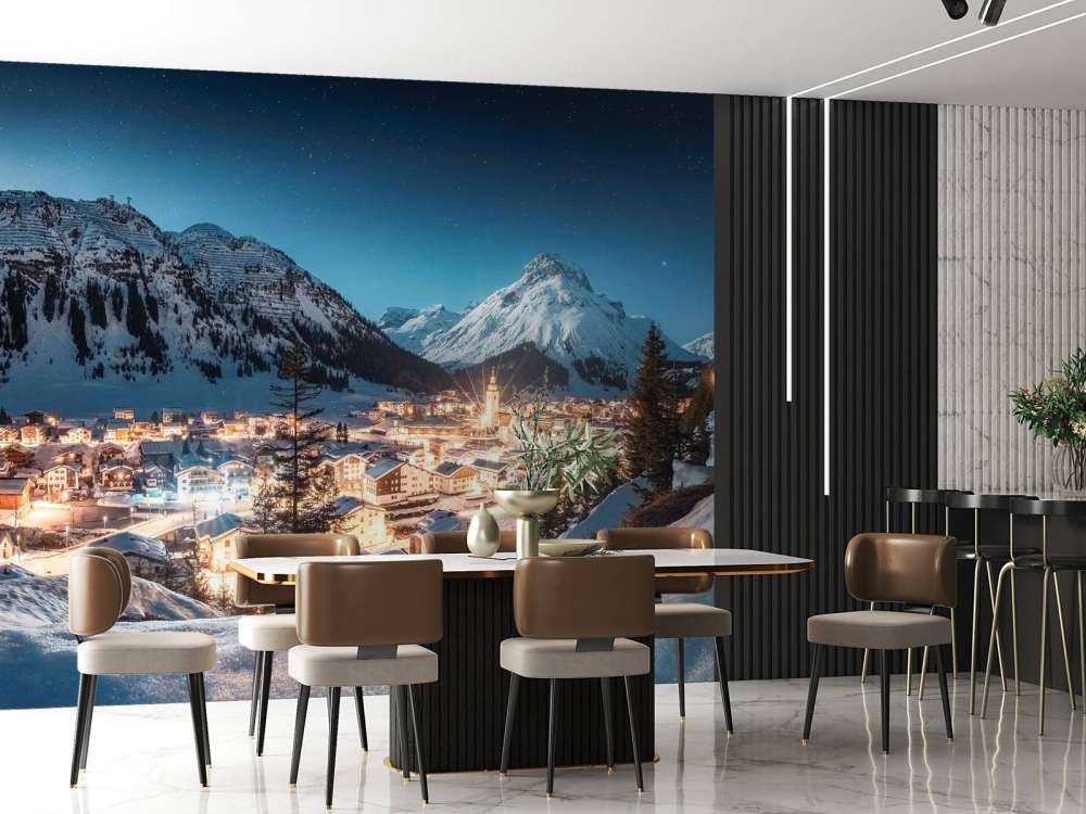 Village alpin scintillant sous un ciel étoilé