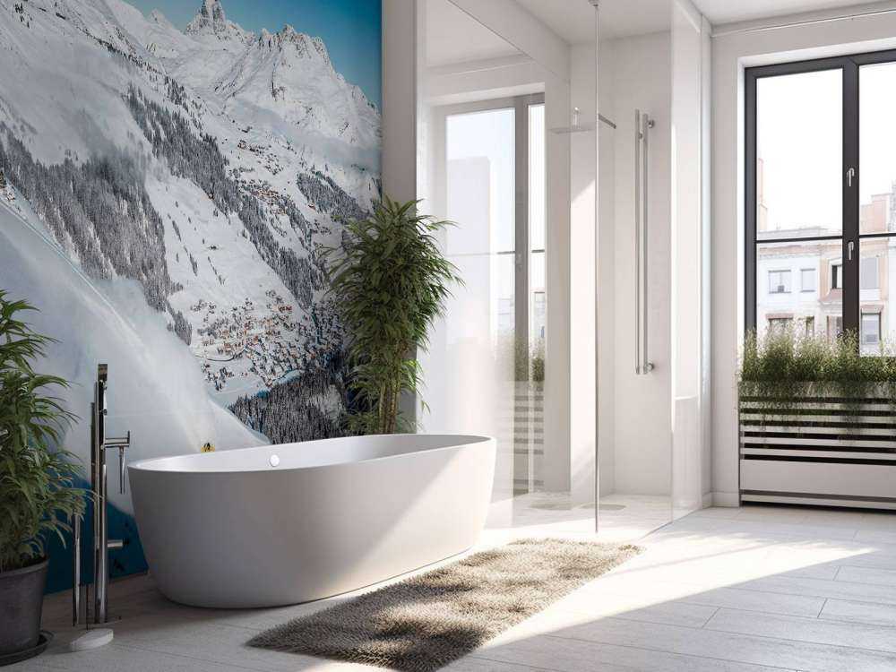 Descente au-dessus du village alpin dans la neige.